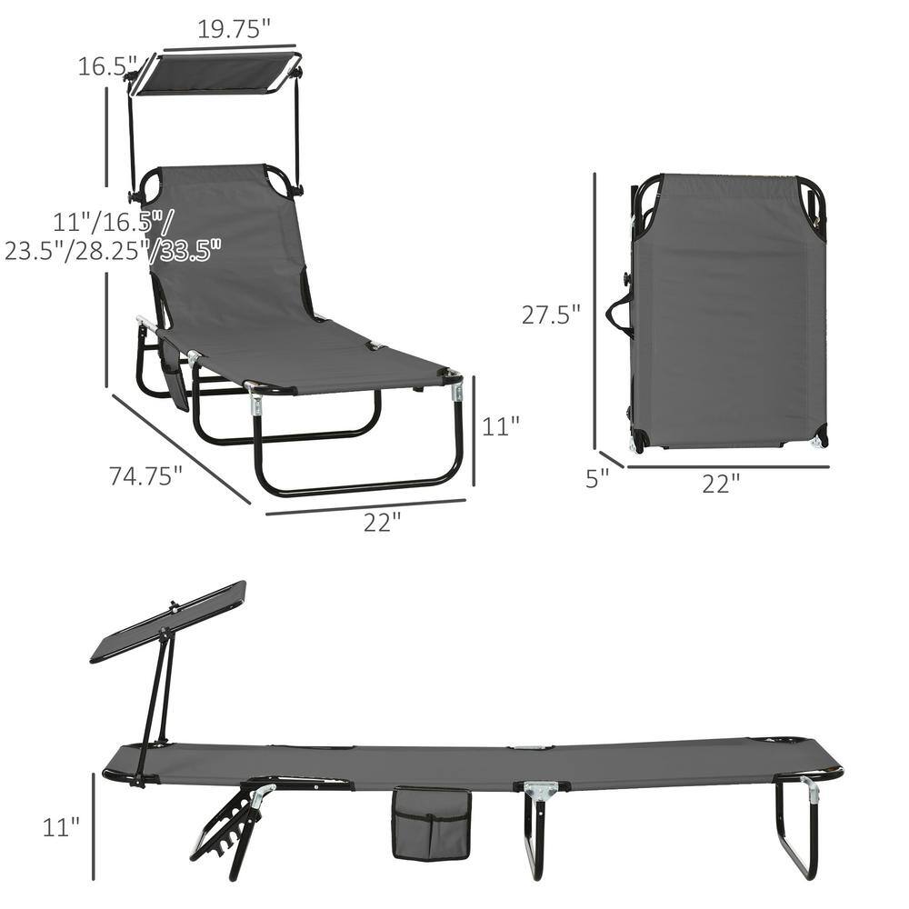 Gray Metal Outdoor Folding Chaise Lounge Set with Sunshade