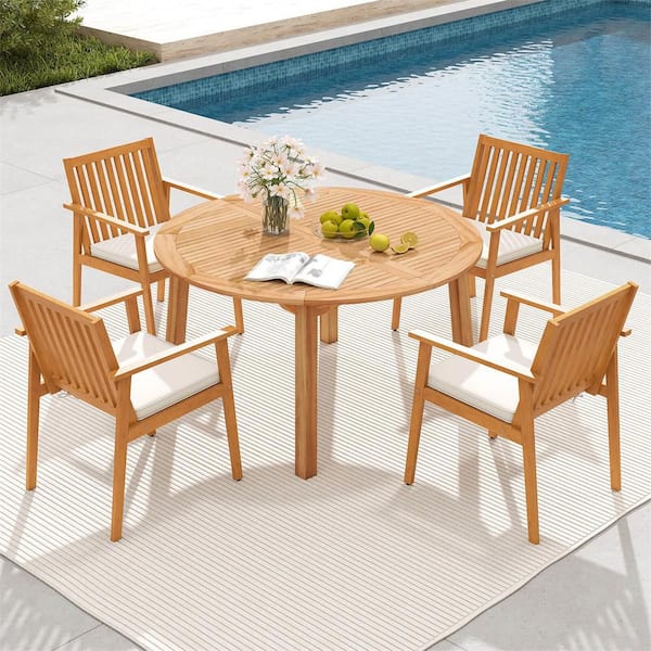 5 Piece Acacia Wood Patio Outdoor Dining Set with Umbrella Hole & Off-White Cushions for Deck, Garden