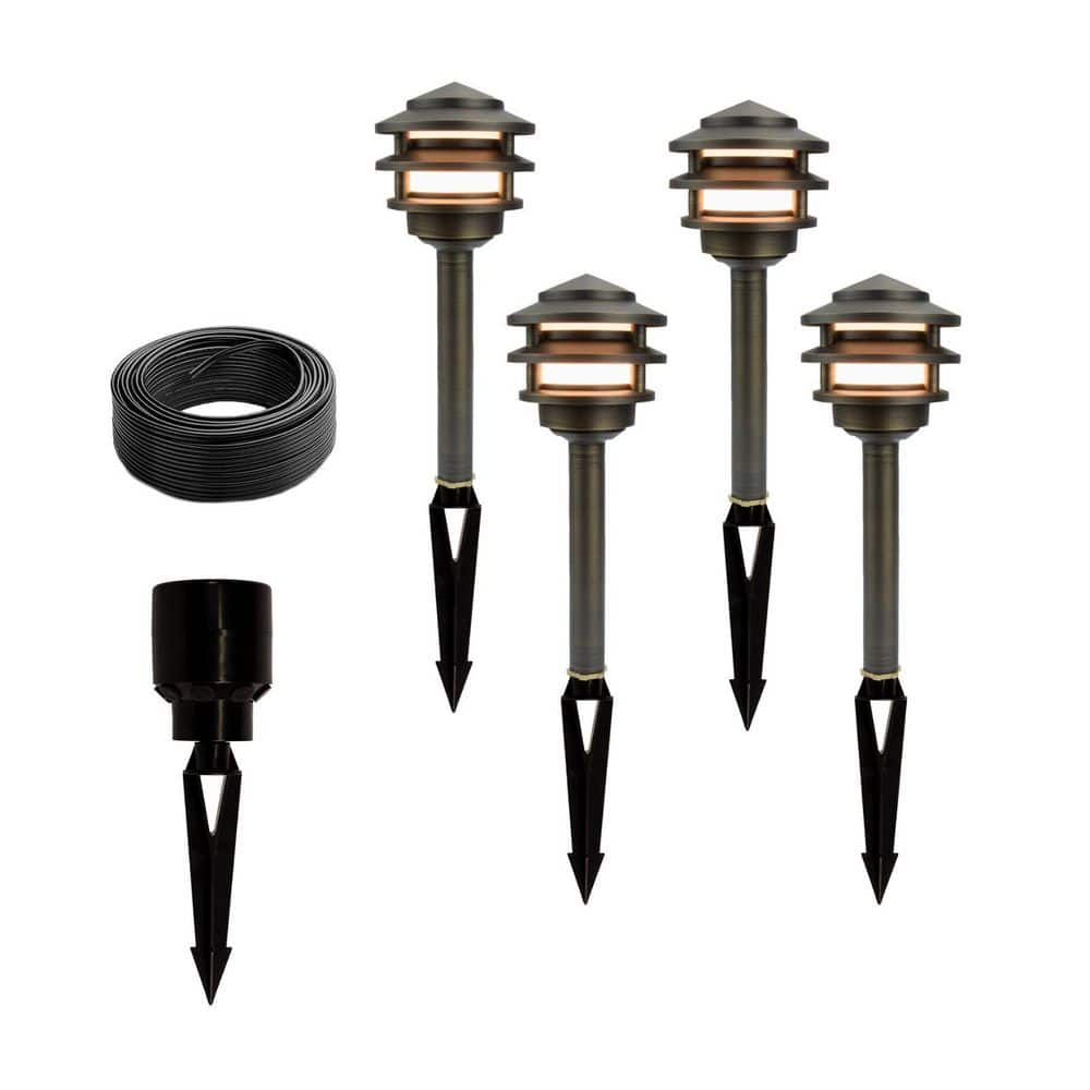 VOLT Low Voltage Bronze Hardwired Brass Pagoda Path Light with LED