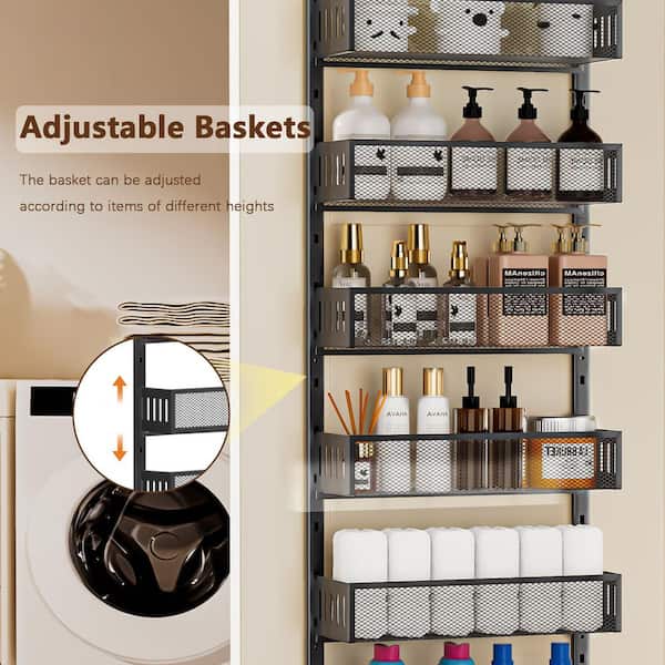 Over The Door Organizer Pantry Over Door Storage 6-Tier Adjustable Pantry Door Organizer Shelves With Hook For Each Layer, Back Door Metal Hanging Spice Rack For Kitchen Pantry Bathroom (Black Over The