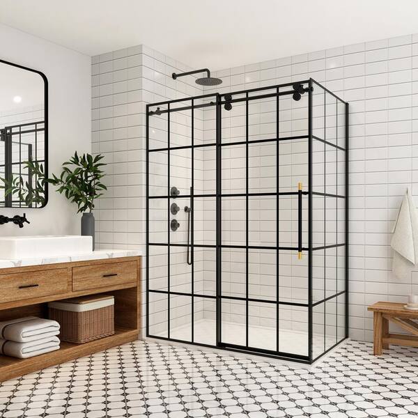 ROSWELL Puente 56 in. W x 78 in. H Rectangle Sliding Frameless Corner Shower Dooe Enclosure in Matte Black with Clear Glass