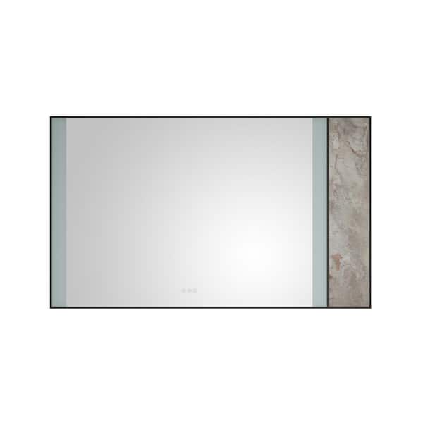ANGELES HOME 60 in. W x 36 in. H Large Rectangular Stainless Steel Framed Stone Dimmable Wall Bathroom Vanity Mirror in Black Frame