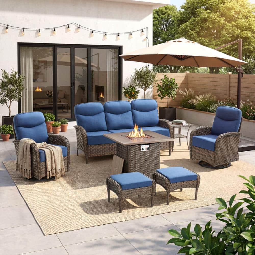 Rivieral Brown 7-Piece Wicker Outdoor Conversation Swivel Chair Set, Patio Fire Pit Set with 6 in. Blue Cushions price history on PriceWatchPro