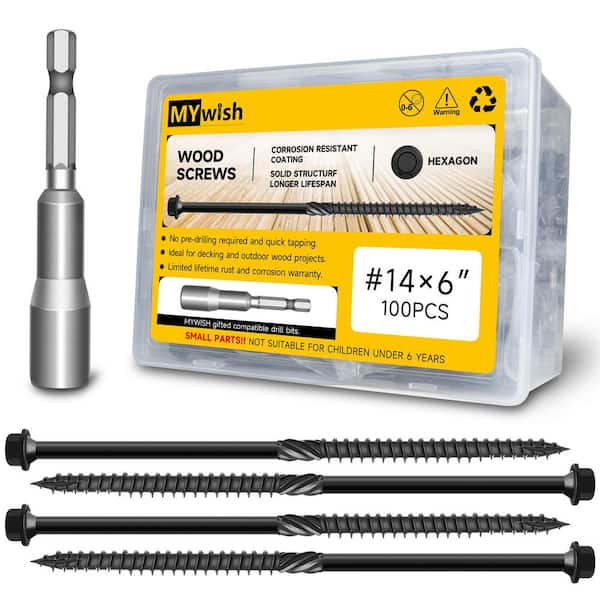 100-Pcs #14 x 6 in Black Hex Flat Head Wood Deck Screws