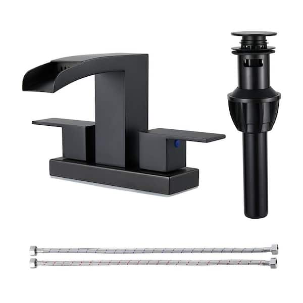 Waterfall Spout 304 Stainless Steel 4 in. Centerset Double Handle Bathroom Faucet with Drain Kit Included in Matte Black