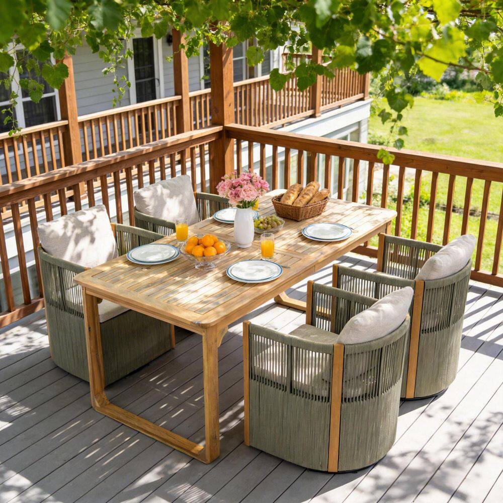 Atlas 5-Piece Solid Wood Patio Outdoor Dining Set with Beige Cushions, Swivel Chairs with Rope, Light Teak + Light Grey
