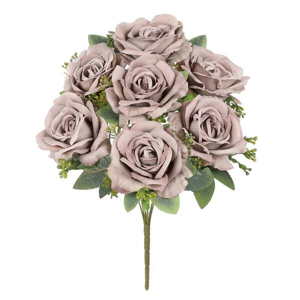 LIVING LUXURY 17 in. Deluxe Beige Brown Artificial Elegant Rose Flower Stem Bush Bouquet (Set of 2)