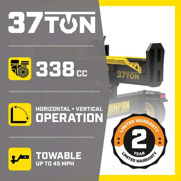 37 Ton 338cc Full Beam Vertical/Horizontal Op and Auto Return Gas Wood Log Splitter with Oil Funnel and Hydraulic Oil