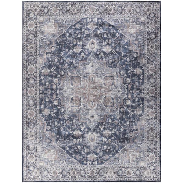 Unbranded Machine Washable Series 1 Ivory Navy 9 ft. x 12 ft. Distressed Traditional Area Rug