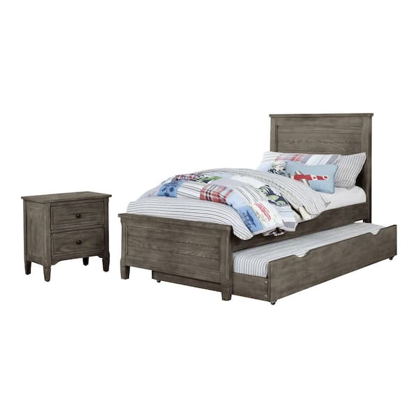 Rampini 3-Piece Warm Gray Twin Youth Wood Bedroom Set with Trundle and Nightstand