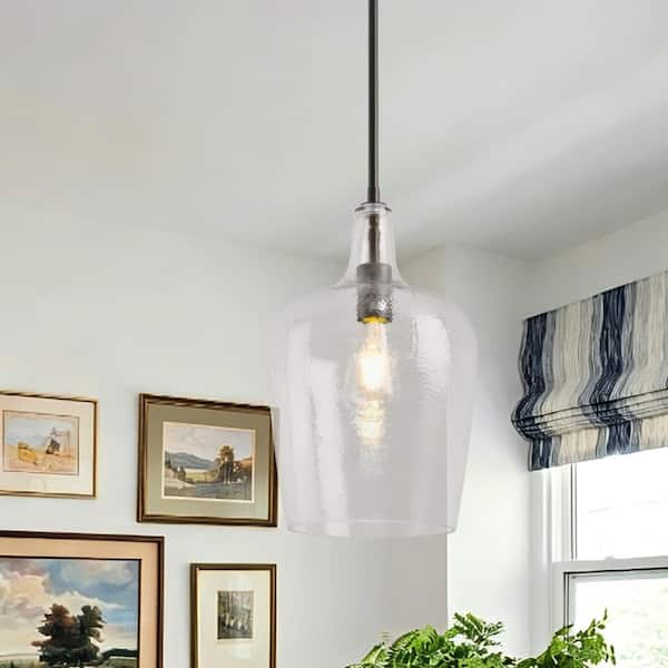 1-Light Black Pendant Light with Hammered Glass Shade, Modern Farmhouse Hanging Light Fixture for Kitchen Island