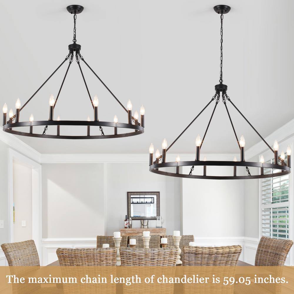 Matte Black 12-Light Candle Wagon Wheel Chandelier