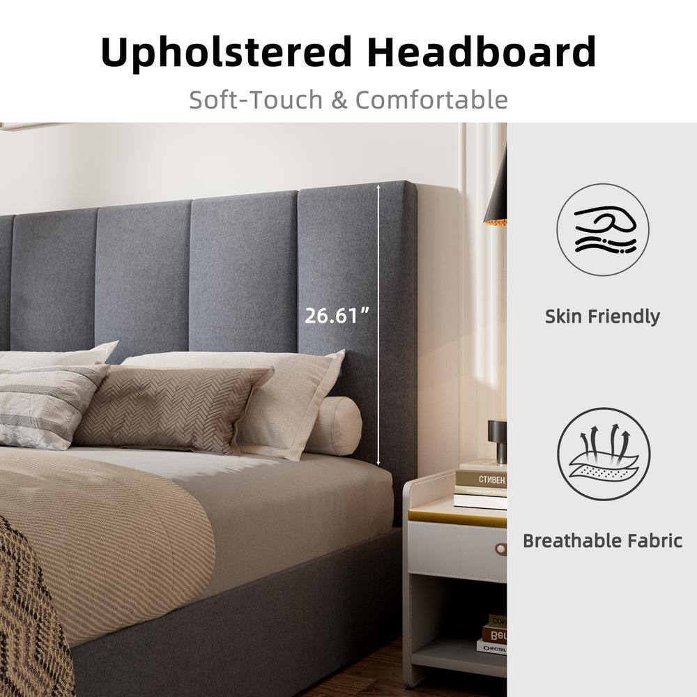 King Dark Grey Linen Upholstered Platform Bed with Tufted Headboard