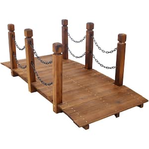 5 ft. Wood Garden Bridge with Chain Railings-Sturdy Arc Footbridge for Garden, Pond, or Backyard Creek