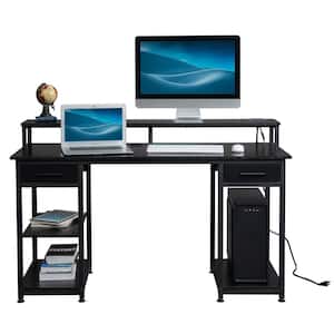 55.12 in. Rectangular Black Computer Desk with Storage Shelves