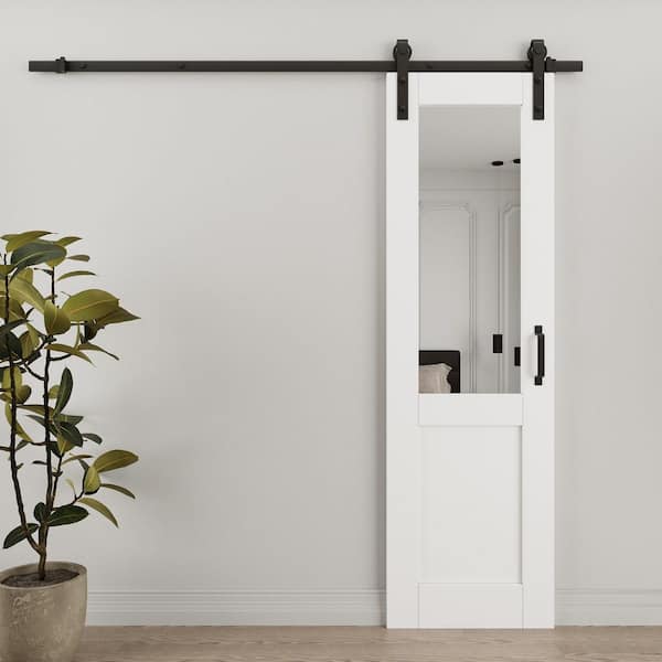 24 in. x 80 in. 1/2-Lite Mirrored Glass White Primed Sliding Barn Door with Hardware Kit
