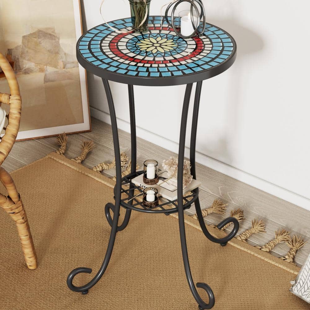14 in. Round Mosaic Outdoor Side Table, Weather-Resistant Ceramic Tile Plant Stand with Shelf, Blue price history on PriceWatchPro