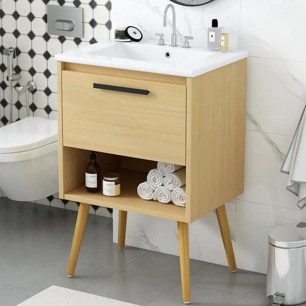 EPOWP 24 in. W x 18 in. D x 34.4 in. H Single Sink Freestanding Bath Vanity in Natural with White Ceramic Top and Drawer