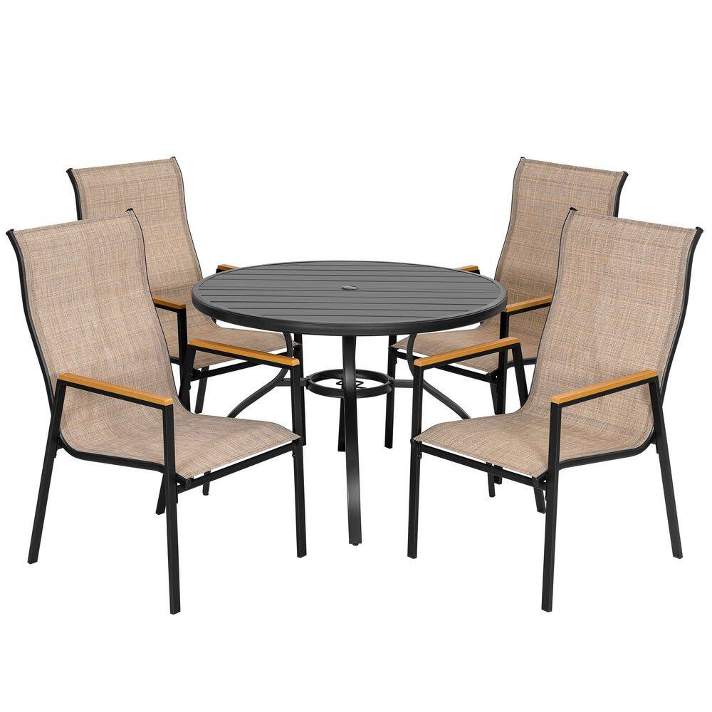 Black 5-Piece Textilene, Faux Wood and Metal Round Outdoor Dining Set with Umbrella Hole, Stackable Chairs price history on PriceWatchPro