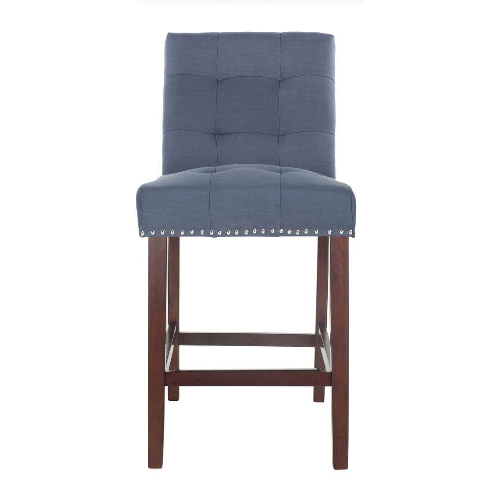 Navy Blue Tufted Linen Transitional Counter Stool, Set of 2