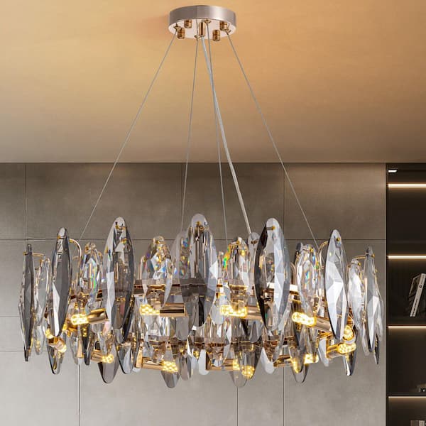 23.6 in. 12-Light Gold and Smoke Gray LED Crystal Drum Chandelier Pendant Light for Dining Room Living Room
