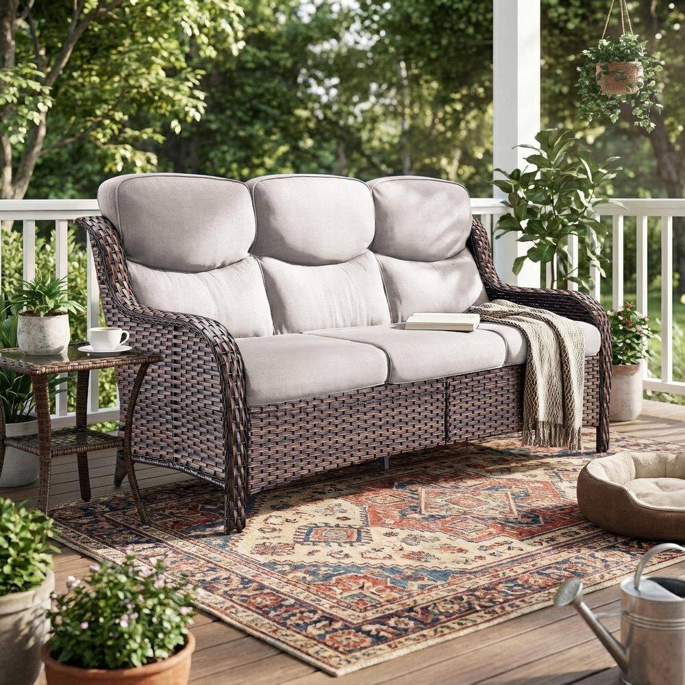 LunaCurve 3-Seat Brown PE Wicker Outdoor Couch with 5 in. Olefin Beige Cushions /Patio Sofa Furniture price history on PriceWatchPro