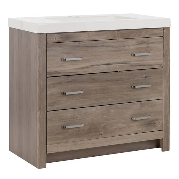 Woodbrook 37 in. Single Sink White Washed Oak Bath Vanity with White Cultured Marble Top (Assembled)