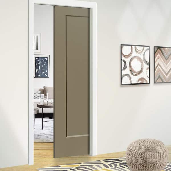 36 in. x 80 in. Olive Green Painted Composite MDF 1Panel Interior Sliding Door with Pocket Door Frame and Hardware Kit