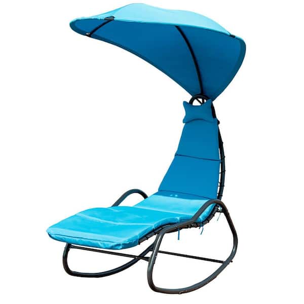 WELLFOR Metal Outdoor Chaise Lounge with Removable Blue Cushions, Headrest and Canopy