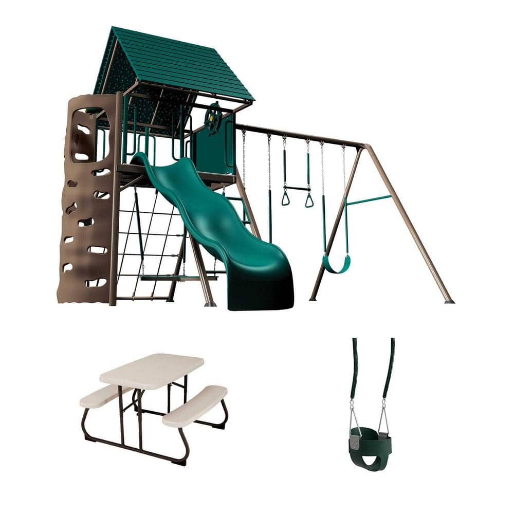 Lifetime Big Stuff Swing Set with Bucket Swing Playset and Childrens Picnic Table (Earthtone