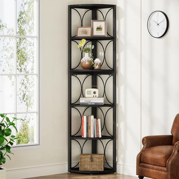 Eulas 67 in. Tall Black Engineered Wood 6-Shelf Etagere Bookcase, Corner Bookshelf Standing Storage Rack for Living Room