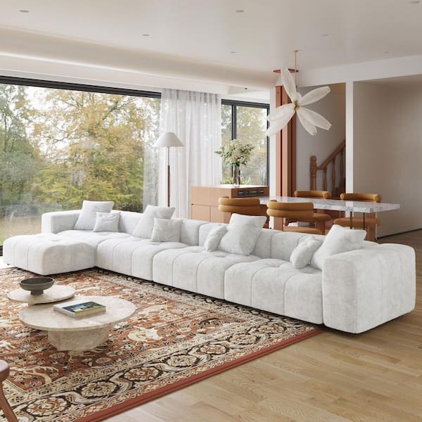 5-Piece White Linen Oversized 183 in. W Sectional Sofa Modular Free Combination Living Room Set with Ottoman