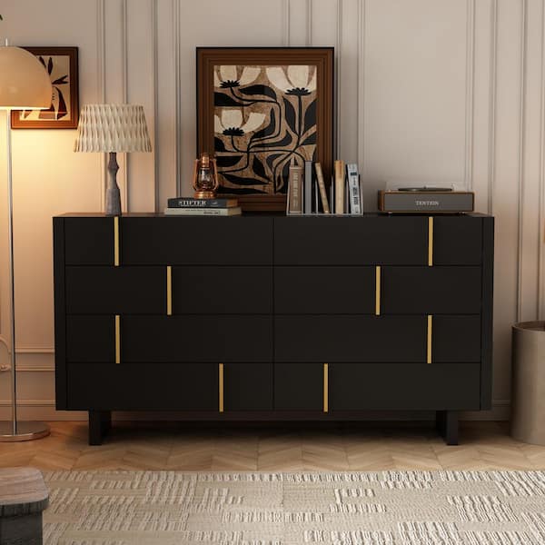 FUFU&GAGA 8-Drawer Black Wood Chest of Drawer with Golden Handle