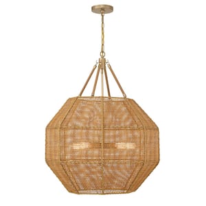 Selby 60-Watt 5-Light Burnished Brass Pendant Light with Rattan Shade, No Bulbs Included