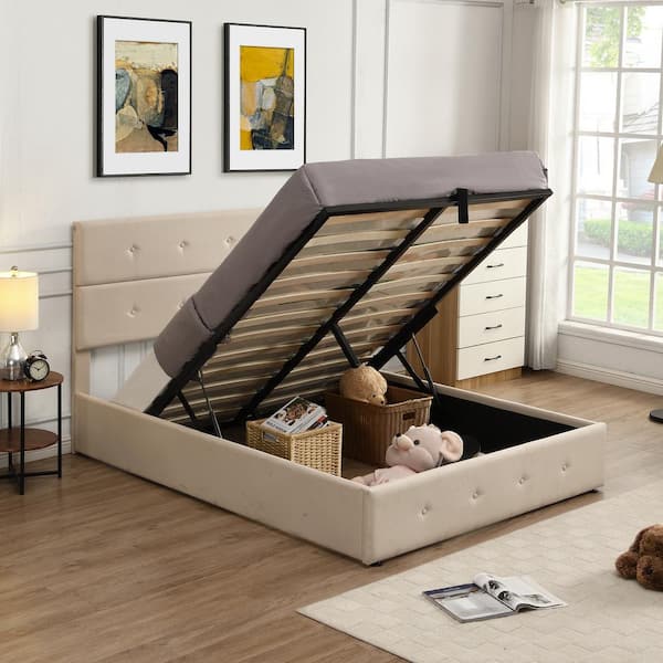 Polibi Beige Wood Frame Full Size Upholstered Platform Bed with Underneath Storage