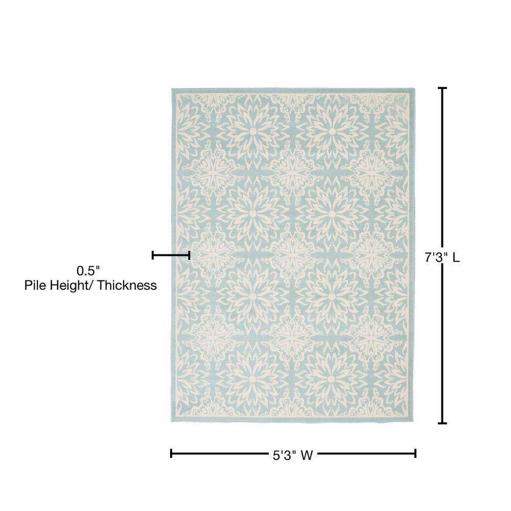 Elegant Ivory/Green Floral Synthetic 5'3" x 7'3" Easy-Care Rug