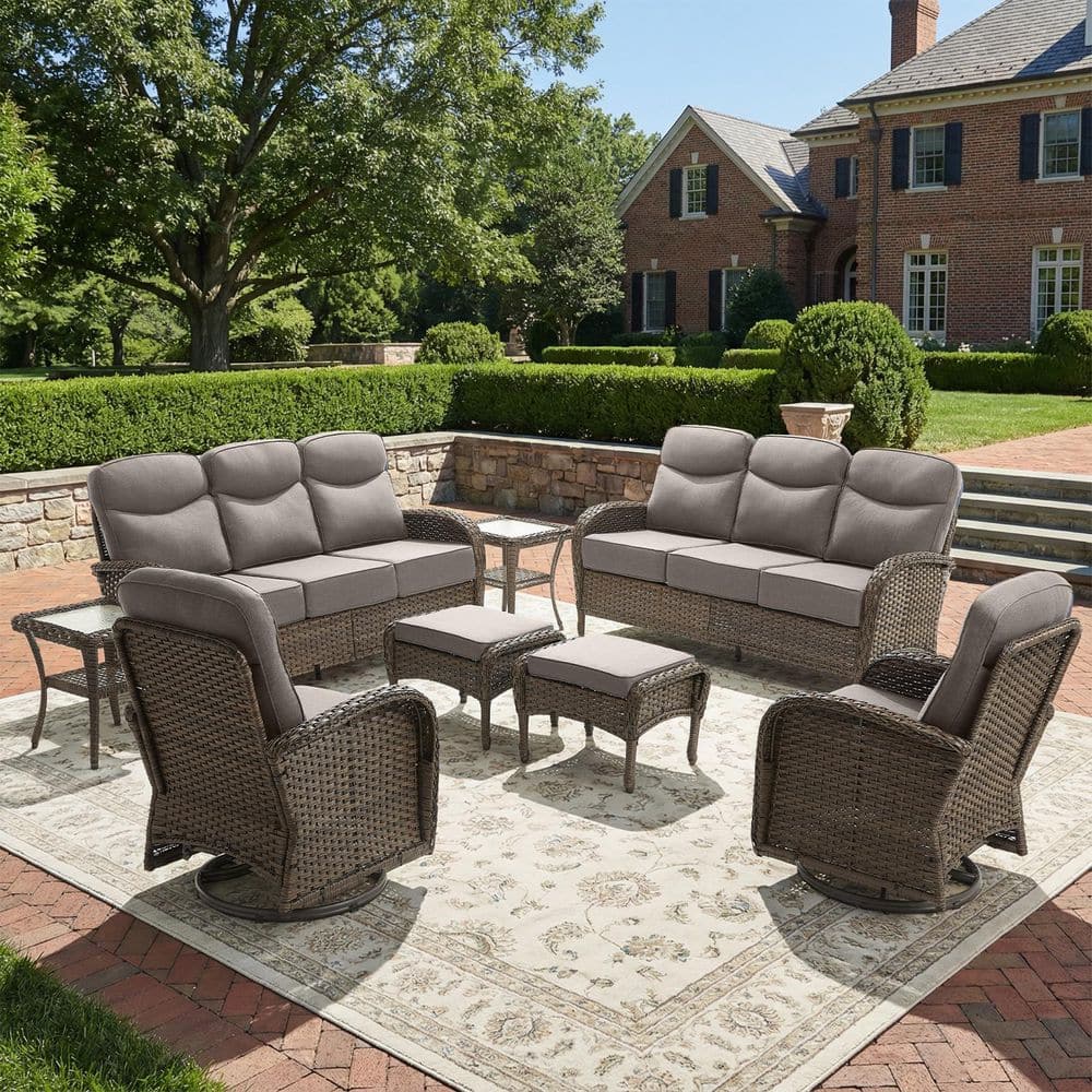 Goyal Brown 8-Piece Wicker Patio Conversation Seating Sofa Couch Set with Gray Cushions and Swivel Rocking Glider Chair price history on PriceWatchPro