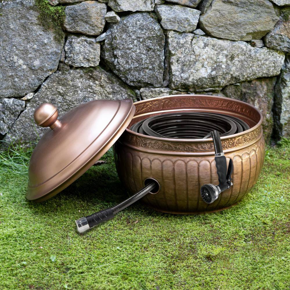 Copper Finish 19" Steel Garden Hose Pot with Lid