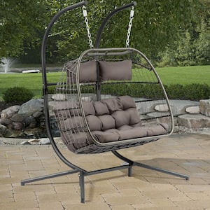 63 in. W 2-Person Luxury Aluminum and Wicker Patio Swing Hanging Egg Chair with Gray Cushion