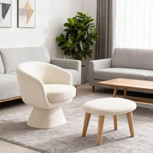 White Fabric Swivel Accent Arm Chair with Ottoman