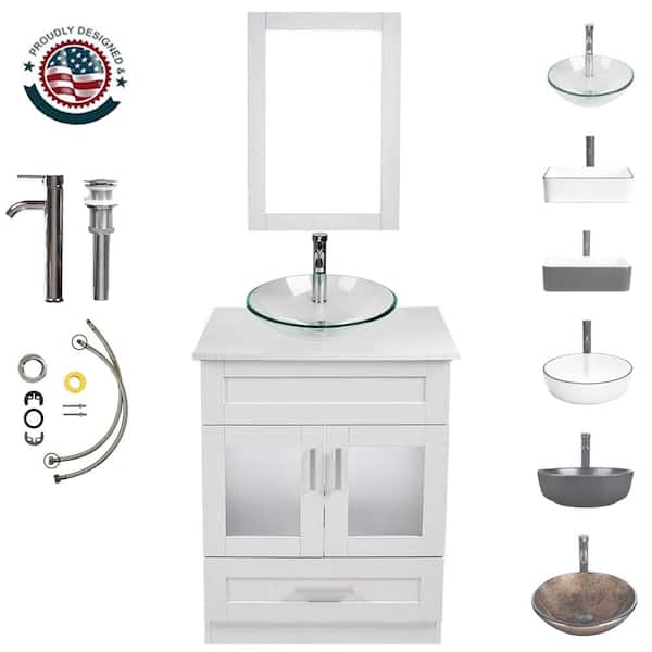 TOOLKISS 24 in. W x 19 in. D x 32.5 in. H Single Sink Bath Vanity in White with White Wood Top and Mirror