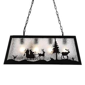 4-Light Vintage Metal Island Light Fixture, Retro Hanging Pendant with Christmas Decorative Glass Shade, Black Finish