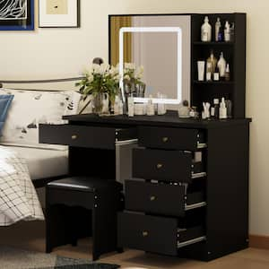 Black 5-Drawers 39.4 in. W Dresser Dressing Table with LED Dimmable Mirror, Stool and Storage Shelves