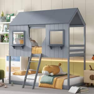 Gray Twin Over Twin Wood House Bunk Bed with Roof and Window