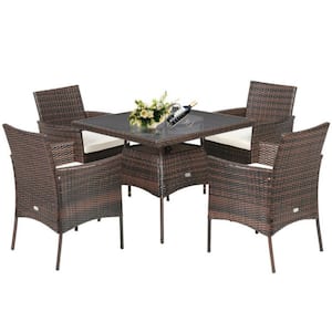 5-Piece Wicker Patio Outdoor Dining Set Tempered Glass Tabletop with 2 in. Umbrella Hole and Beige Cushions