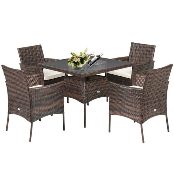 Clihome 5-Piece Wicker Patio Outdoor Dining Set Tempered Glass Tabletop with Beige Cushions
