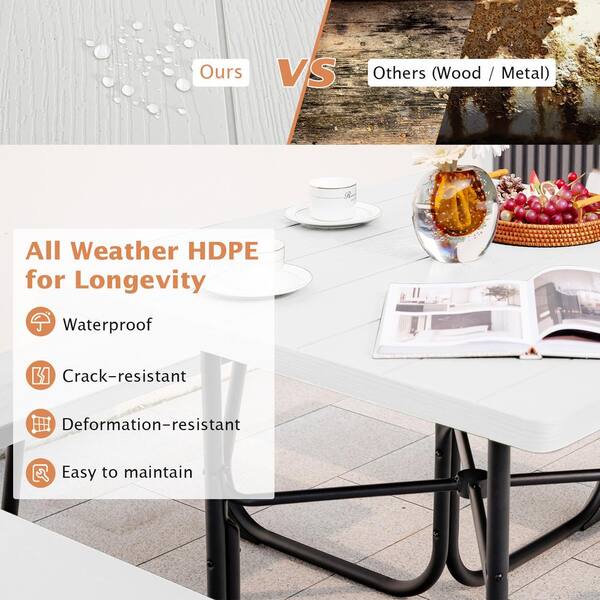 HONEY JOY 67 White Square Steel Outdoor Picnic Table Bench Set