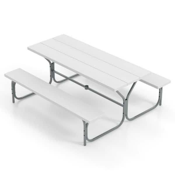 Clihome 3-Piece White Metal Outdoor 6 ft. Dining Picnic Table Bench Set with HDPE Tabletop for 8 Person