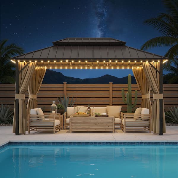 10 ft. x 14 ft. Aluminum Outdoor Gazebo Double Galvanized Steel Roof, Ceiling Hook, Mosquito Netting and Brown Curtains