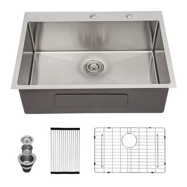 33 in. Drop-in Single Bowl 16 Gauge Brushed Nickel Stainless Steel Kitchen Sink with Drain